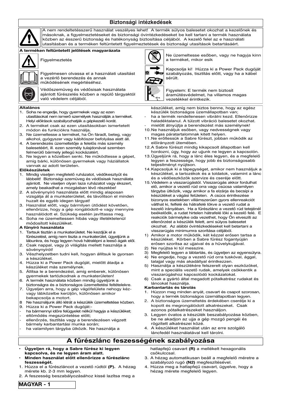 A fűrészlánc feszességének szabályozása, Biztonsági intézkedések, Magyar - 1 | Flymo Sabre Saw User Manual | Page 26 / 40