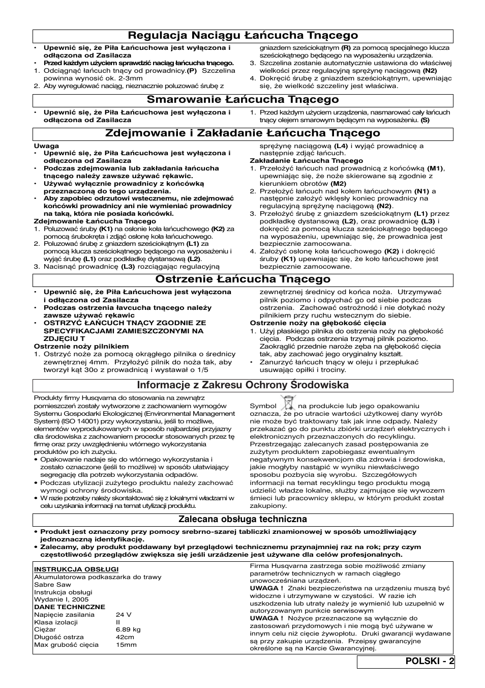 Informacje z zakresu ochrony środowiska, Ostrzenie łańcucha tnącego, Zdejmowanie i zakładanie łańcucha tnącego | Smarowanie łańcucha tnącego, Regulacja naciągu łańcucha tnącego, Polski - 2 zalecana obsługa techniczna | Flymo Sabre Saw User Manual | Page 31 / 40
