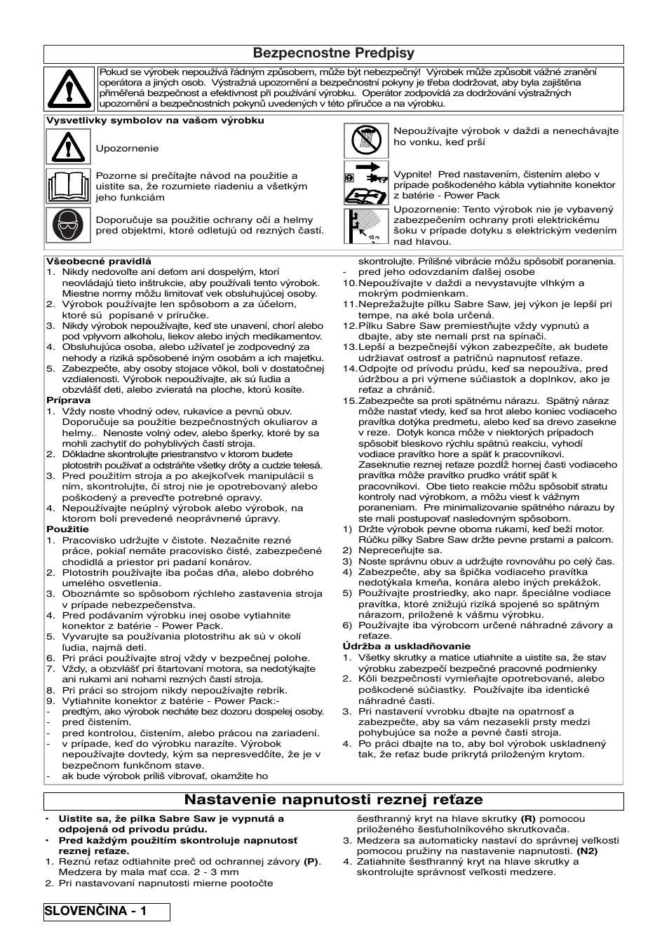 Bezpecnostne predpisy, Nastavenie napnutosti reznej re aze, Slovenčina - 1 | Flymo Sabre Saw User Manual | Page 34 / 40