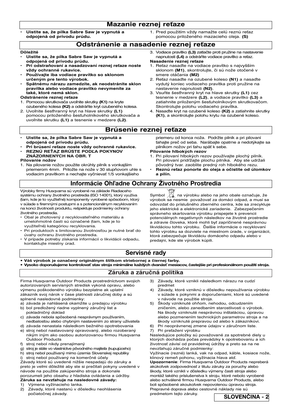 Informácie oh adne ochrany životného prostredia, Servisné rady, Mazanie reznej re aze | Brúsenie reznej re aze, Odstránenie a nasadenie reznej re aze, Záruka a záručná politika, Slovenčina - 2 | Flymo Sabre Saw User Manual | Page 35 / 40
