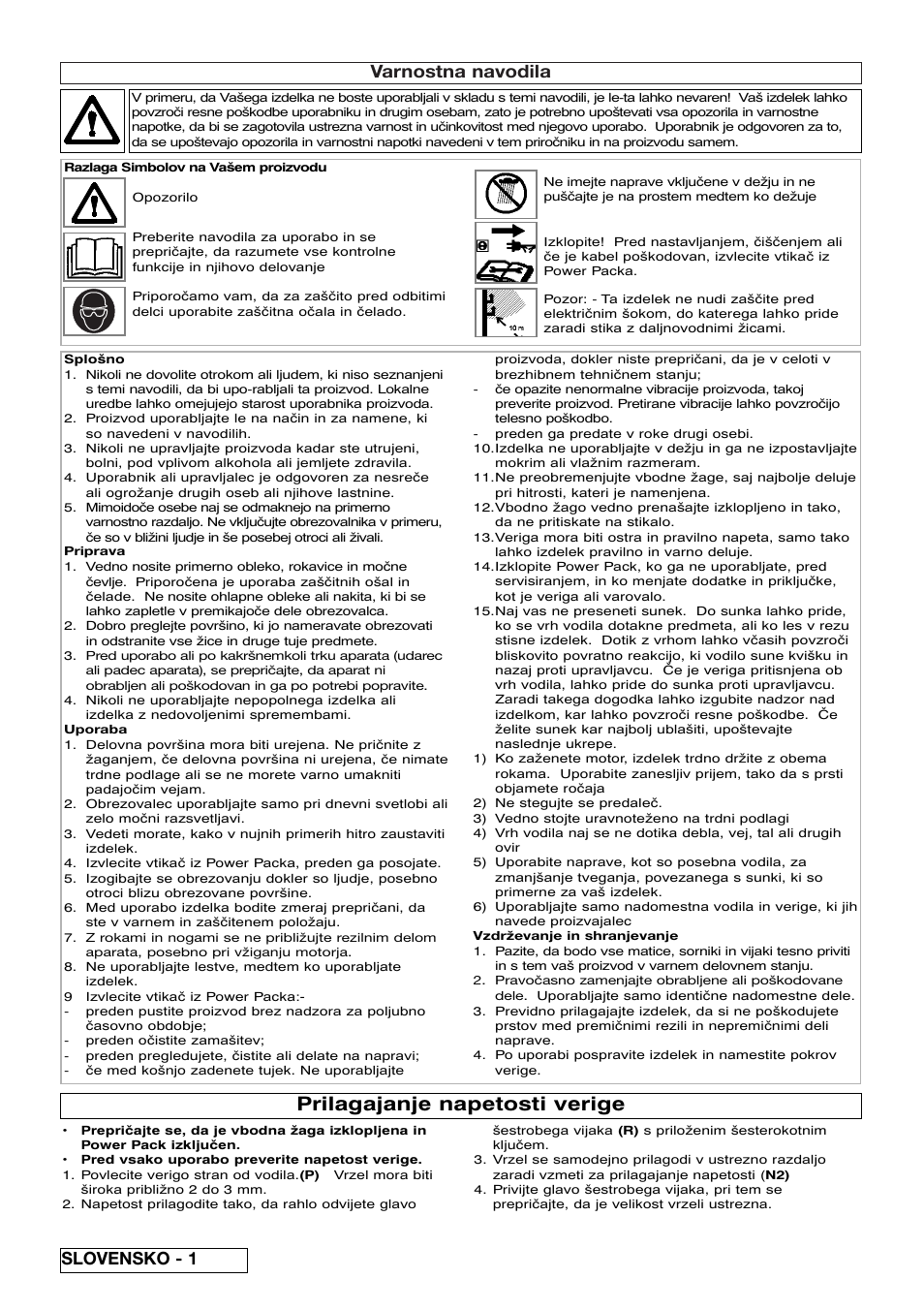 Prilagajanje napetosti verige, Varnostna navodila, Slovensko - 1 | Flymo Sabre Saw User Manual | Page 36 / 40