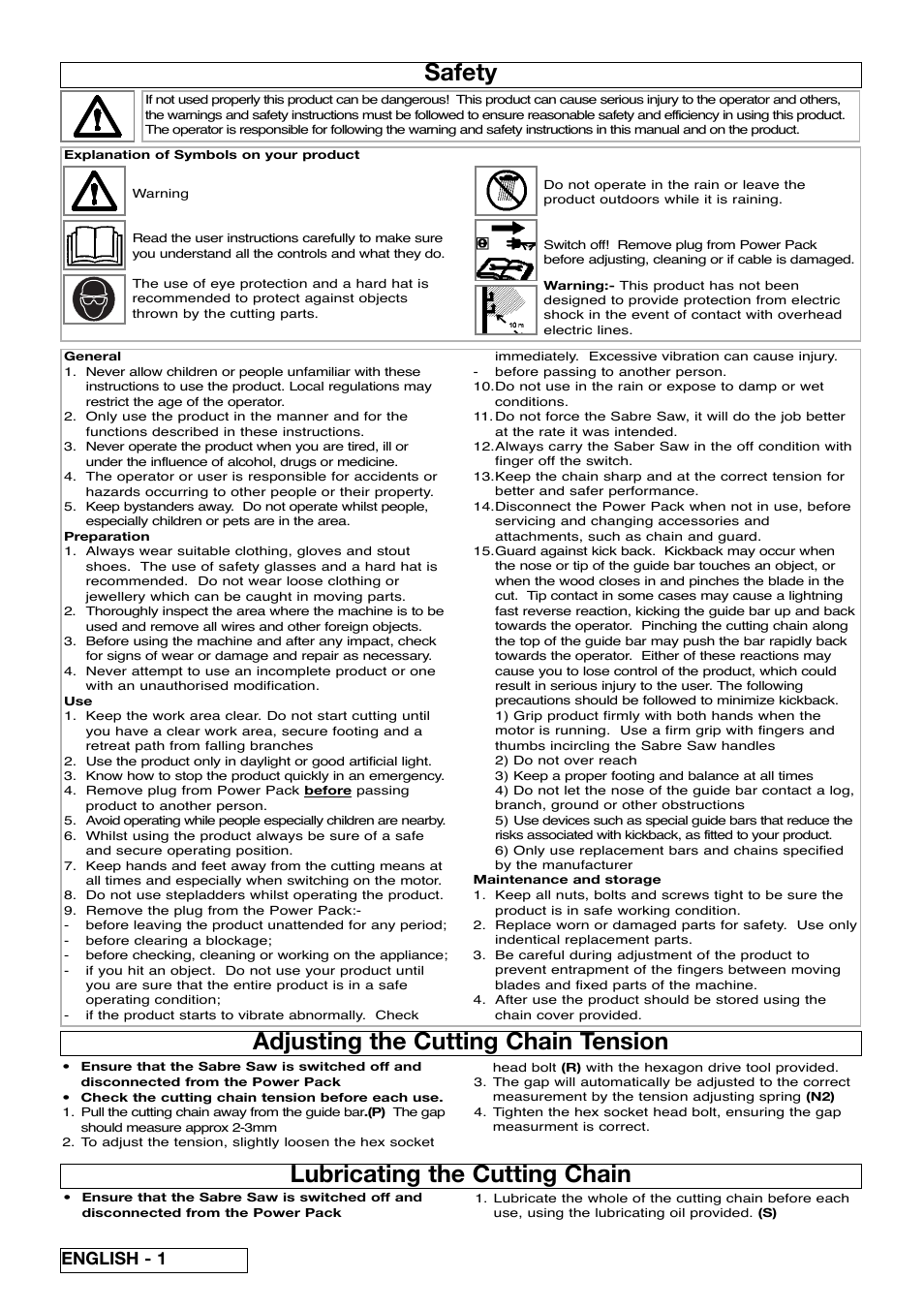 Safety, Adjusting the cutting chain tension, Lubricating the cutting chain | English - 1 | Flymo Sabre Saw User Manual | Page 4 / 40