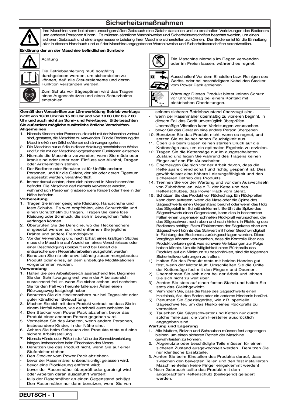 Sicherheitsmaßnahmen, Deutsch - 1 | Flymo Sabre Saw User Manual | Page 6 / 40