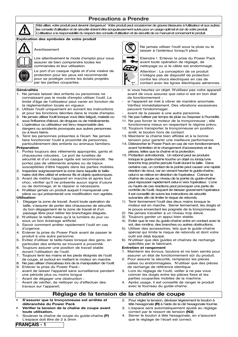 Precautions a prendre, Réglage de la tension de la chaîne de coupe, Français - 1 | Flymo Sabre Saw User Manual | Page 8 / 40