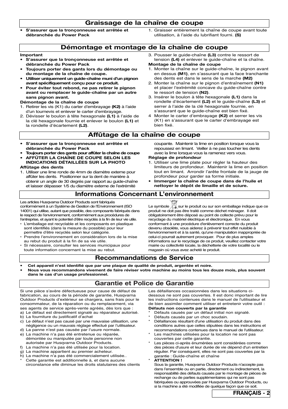Garantie et police de garantie, Informations concernant l’environnement, Recommandations de service | Graissage de la chaîne de coupe, Affûtage de la chaîne de coupe, Démontage et montage de la chaîne de coupe, Français - 2 | Flymo Sabre Saw User Manual | Page 9 / 40