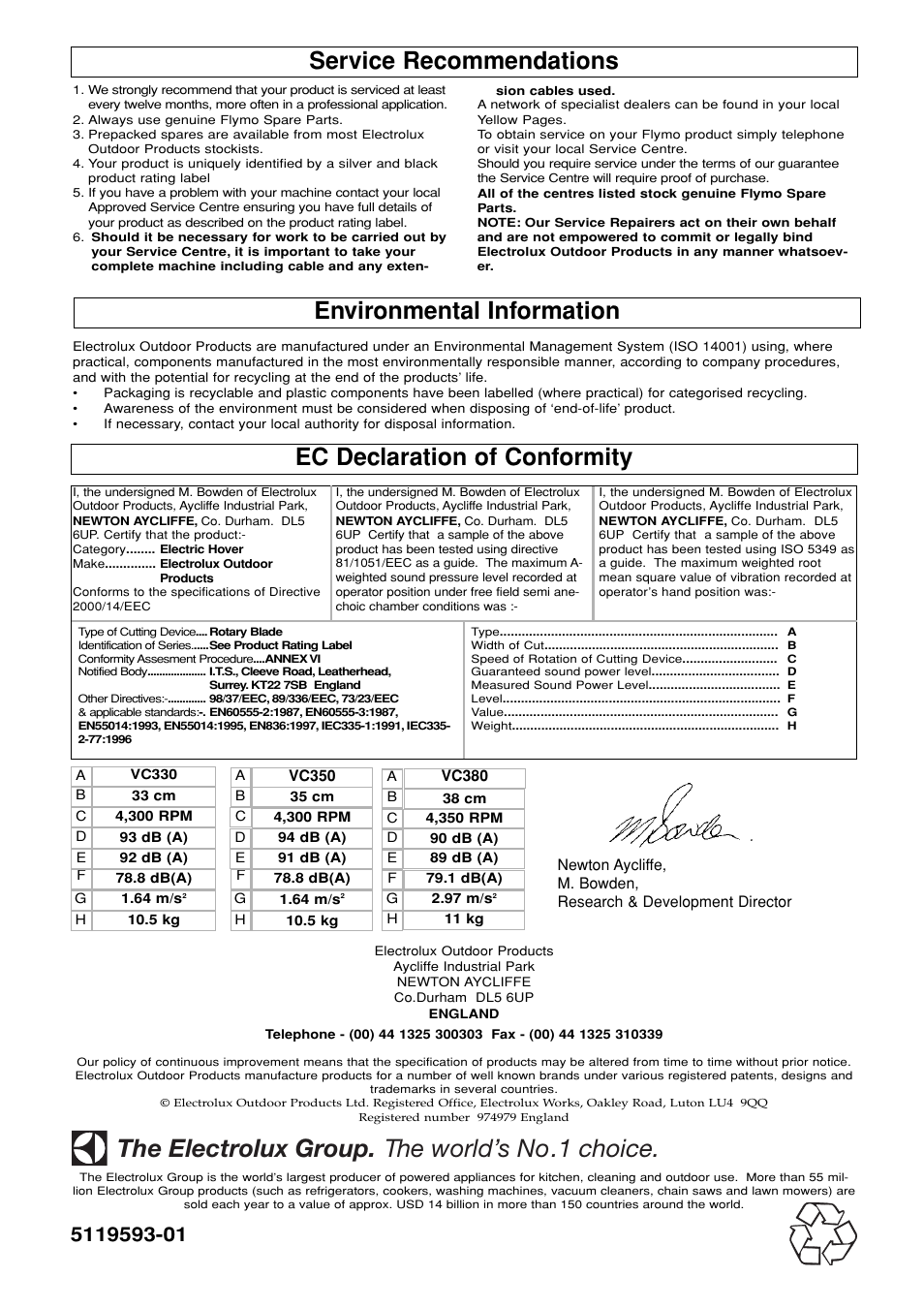 Service recommendations, Environmental information, Ec declaration of conformity | 1 choice, The electrolux group, He world’s no | Flymo 380 User Manual | Page 10 / 10