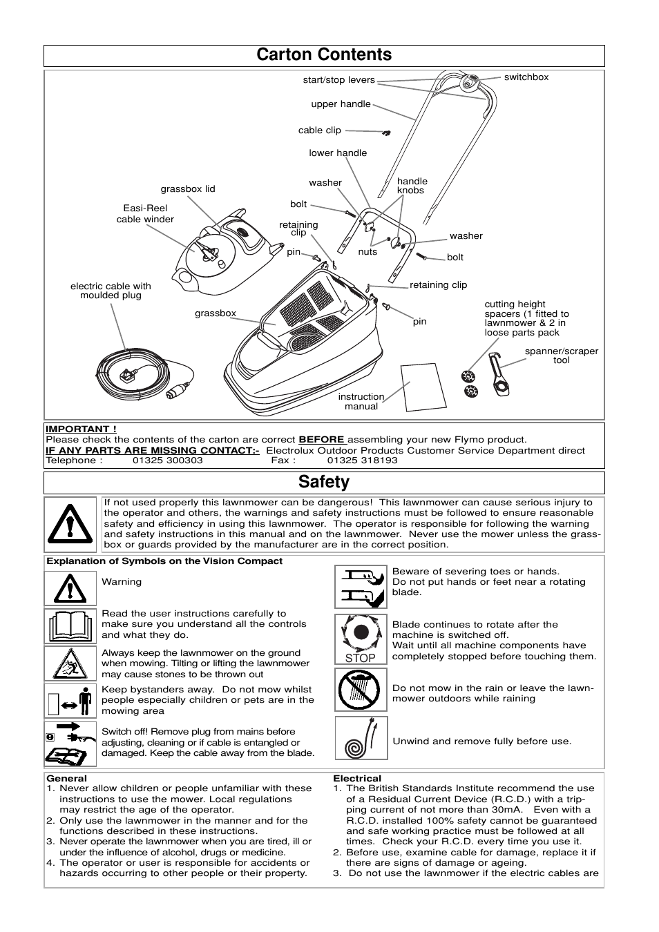 Carton contents, Safety | Flymo 380 User Manual | Page 2 / 10