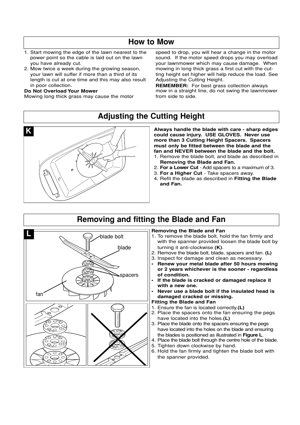 How to mow, Adjusting the cutting height, Removing and fitting the blade and fan | Flymo 380 User Manual | Page 6 / 10