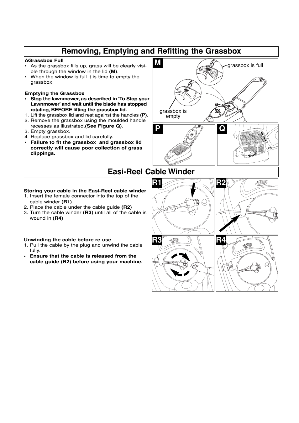 Removing, emptying and refitting the grassbox, Easi-reel cable winder, R1 r2 r3 r4 | Flymo 380 User Manual | Page 7 / 10