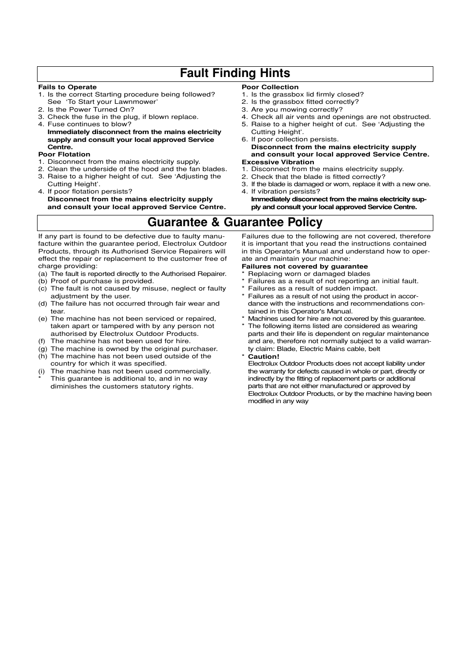 Fault finding hints, Guarantee & guarantee policy, Guarantee & guarantee policy fault finding hints | Flymo 380 User Manual | Page 9 / 10