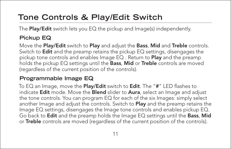 Tone controls & play/edit switch | Fishman Onboard Aura User Manual | Page 11 / 18