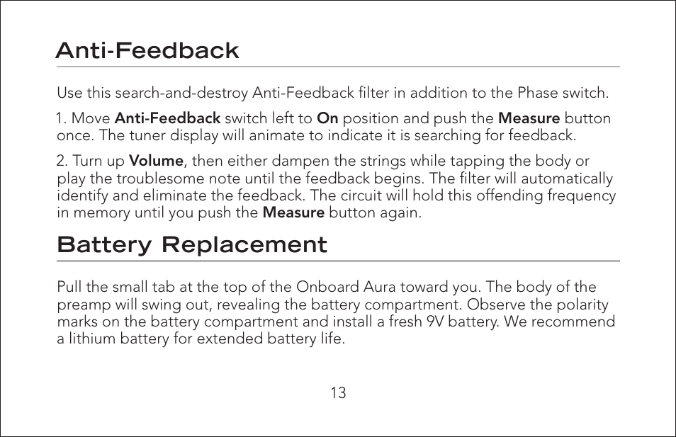 Anti-feedback, Battery replacement | Fishman Onboard Aura User Manual | Page 13 / 18