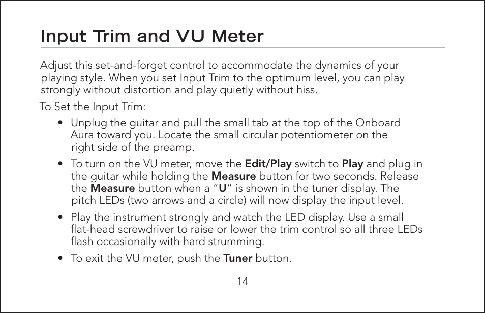 Input trim and vu meter | Fishman Onboard Aura User Manual | Page 14 / 18