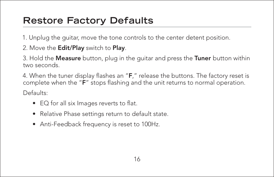 Restore factory defaults | Fishman Onboard Aura User Manual | Page 16 / 18