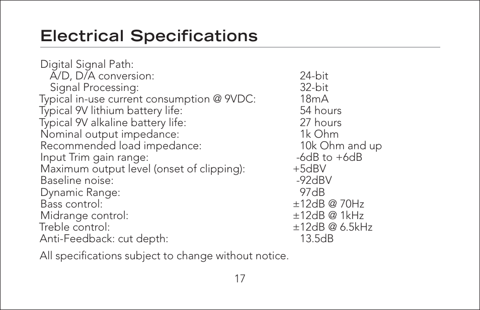 Electrical specifi cations | Fishman Onboard Aura User Manual | Page 17 / 18