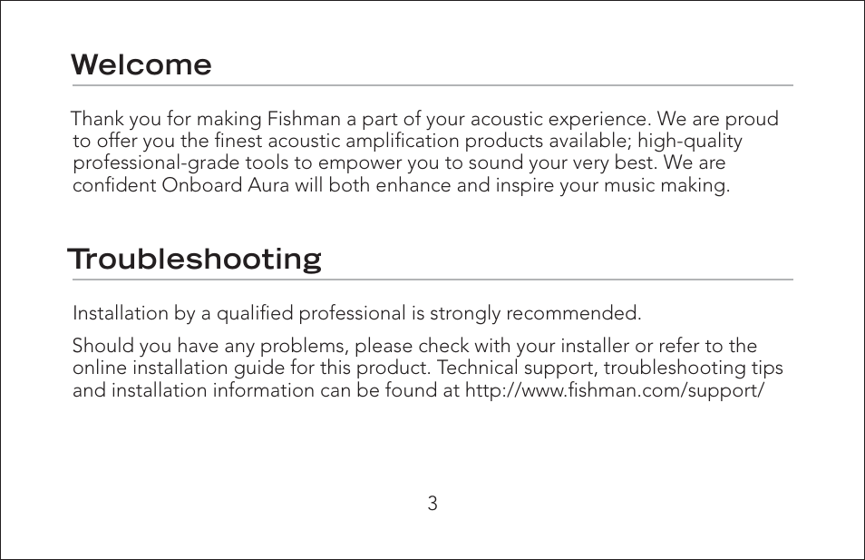 Welcome, Troubleshooting | Fishman Onboard Aura User Manual | Page 3 / 18