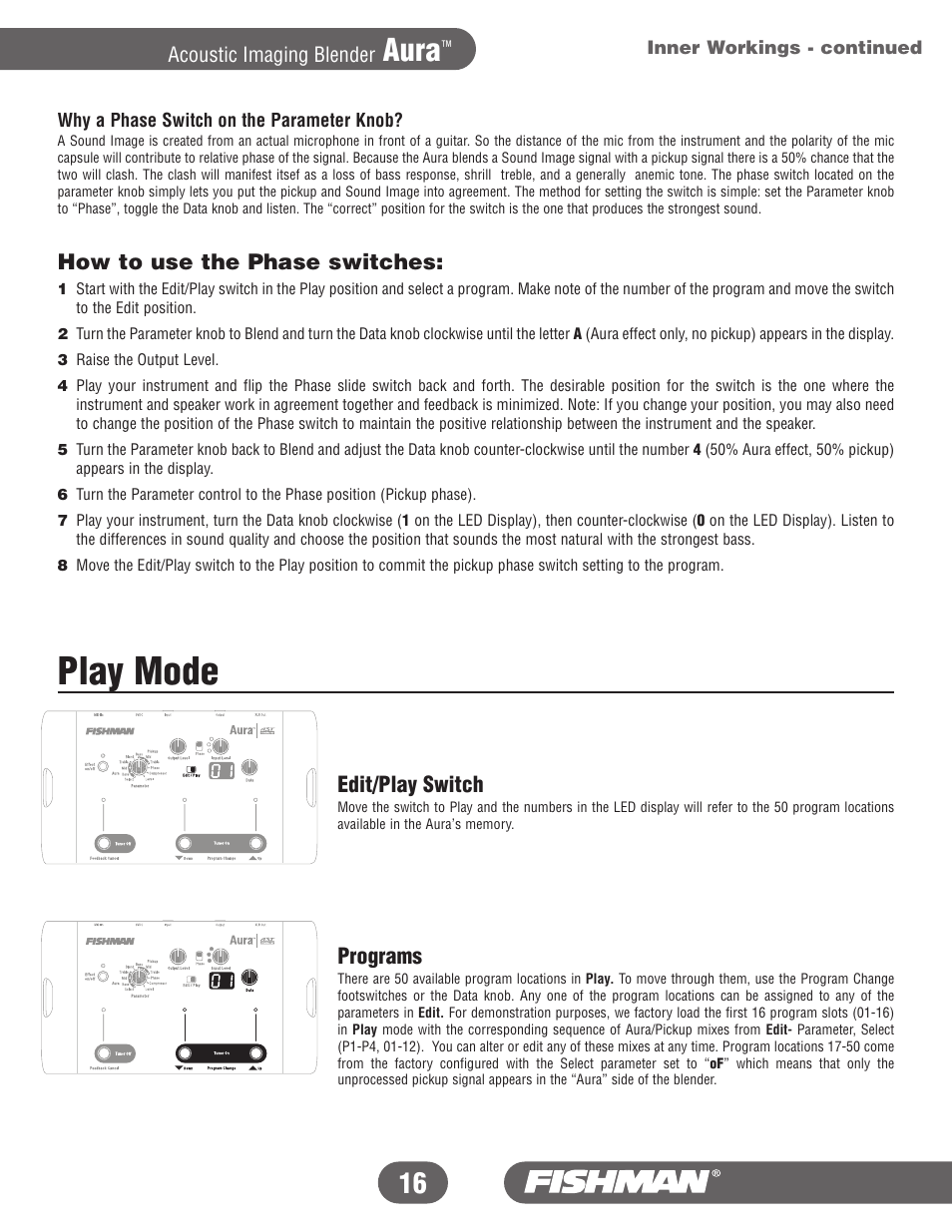 Play mode, Aura, How to use the phase switches | Edit/play switch, Programs | Fishman Aura User Manual | Page 16 / 36