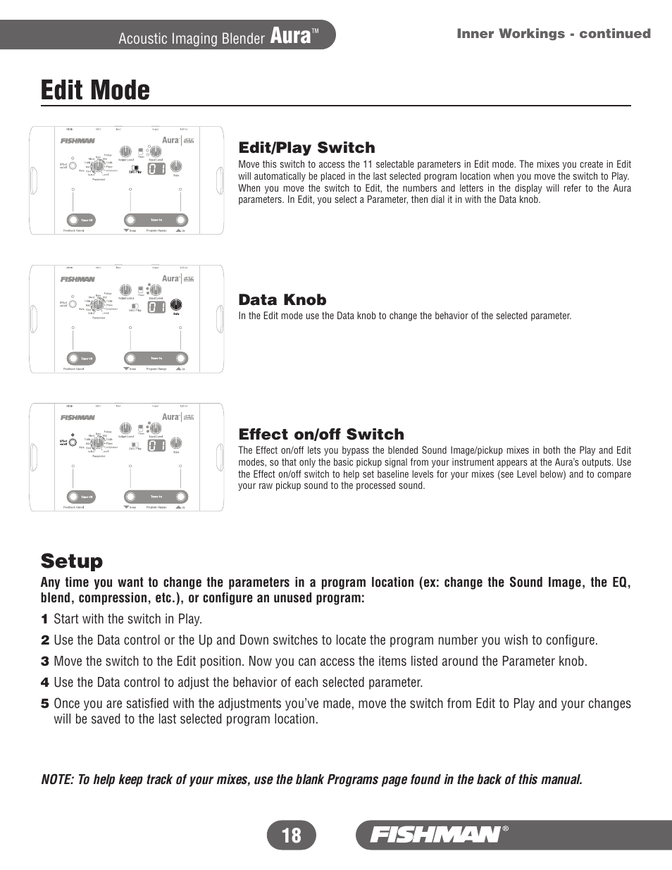 Edit mode, Aura, Setup | Fishman Aura User Manual | Page 18 / 36