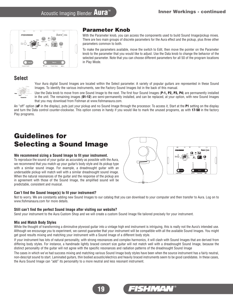 Aura, Guidelines for selecting a sound image, Parameter knob | Select, Acoustic imaging blender | Fishman Aura User Manual | Page 19 / 36