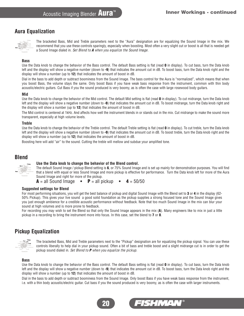 Aura, Aura equalization, Blend | Pickup equalization, Acoustic imaging blender | Fishman Aura User Manual | Page 20 / 36