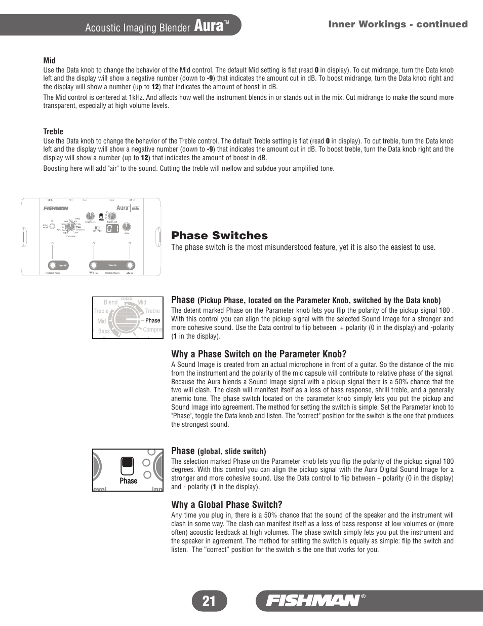 Aura, Phase switches, Acoustic imaging blender | Fishman Aura User Manual | Page 21 / 36