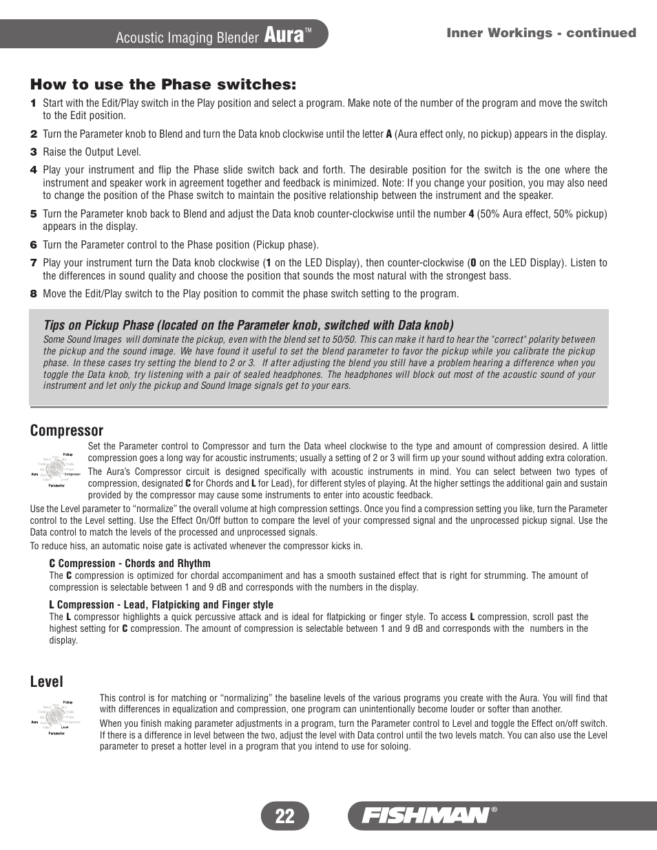 Aura, How to use the phase switches, Compressor | Level, Acoustic imaging blender | Fishman Aura User Manual | Page 22 / 36
