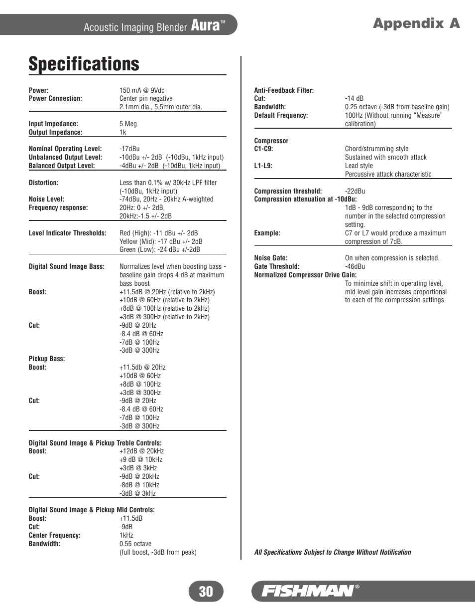 Specifications, Aura, Appendix a | Acoustic imaging blender | Fishman Aura User Manual | Page 30 / 36