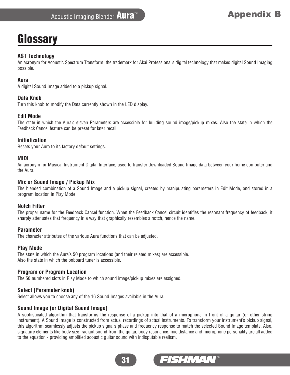 Glossary, Aura, Appendix b 31 | Fishman Aura User Manual | Page 31 / 36