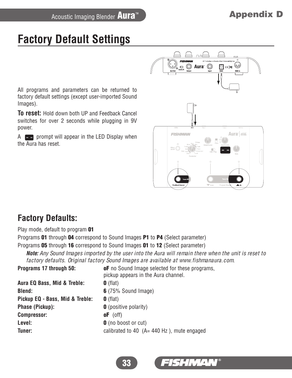 Factory default settings, Aura, Factory defaults | Appendix d 33 | Fishman Aura User Manual | Page 33 / 36