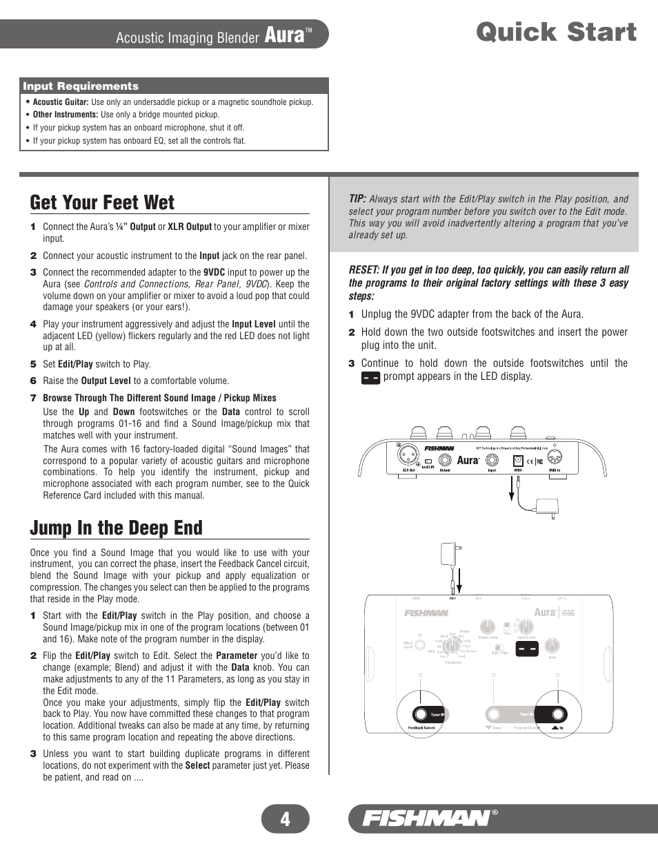 Quick start, Aura, Get your feet wet | Jump in the deep end, Acoustic imaging blender | Fishman Aura User Manual | Page 4 / 36