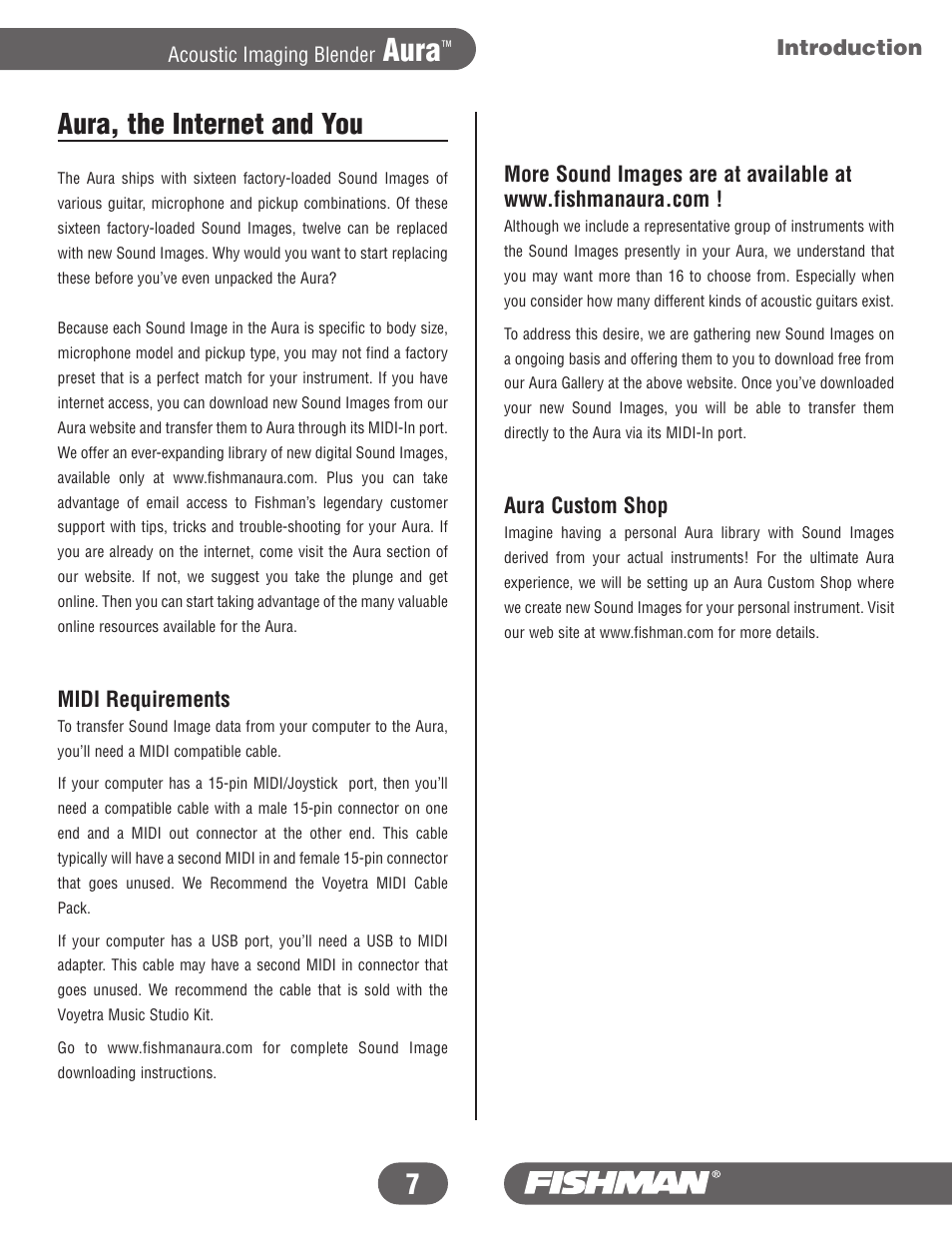 Aura, Aura, the internet and you, Introduction | Midi requirements, Aura custom shop, Acoustic imaging blender | Fishman Aura User Manual | Page 7 / 36