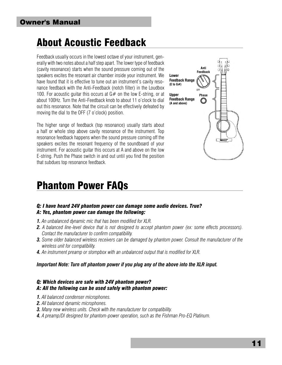 About acoustic feedback, Phantom power faqs, Owner's manual | Fishman Loudbox 100 User Manual | Page 11 / 16