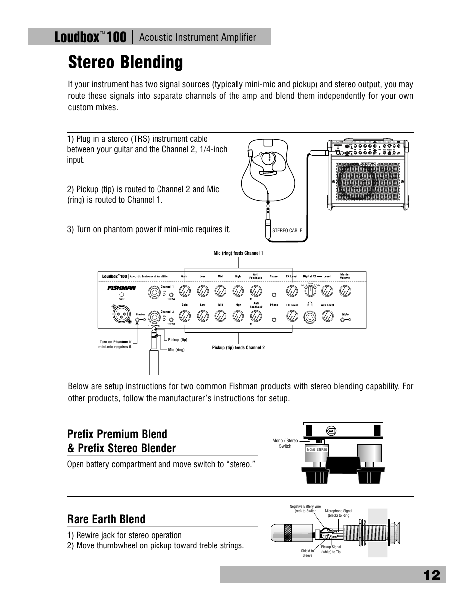 Stereo blending, Loudbox 100, Prefix premium blend & prefix stereo blender | Rare earth blend, Acoustic instrument ampliﬁer | Fishman Loudbox 100 User Manual | Page 12 / 16