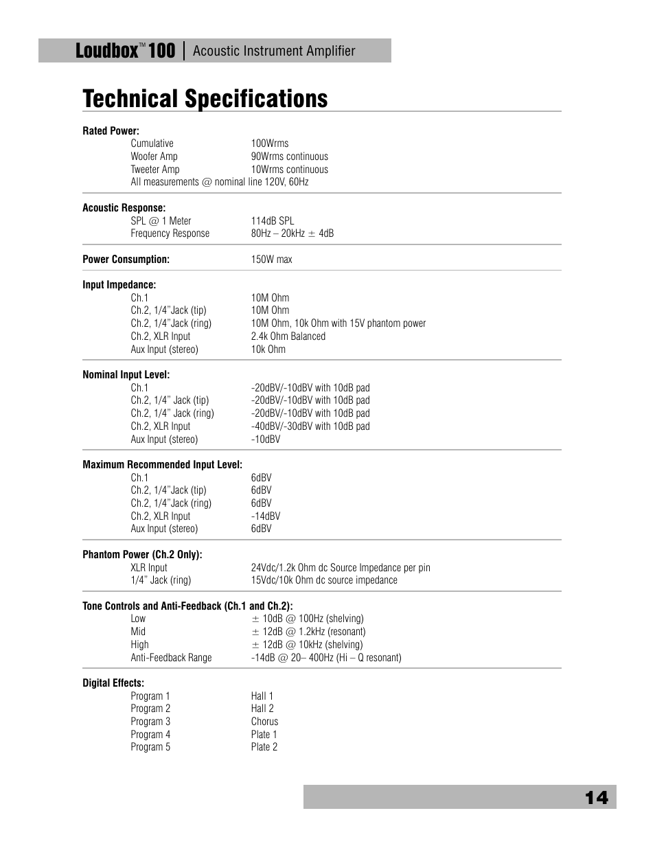 Technical specifications, Loudbox 100, Acoustic instrument ampliﬁer | Fishman Loudbox 100 User Manual | Page 14 / 16