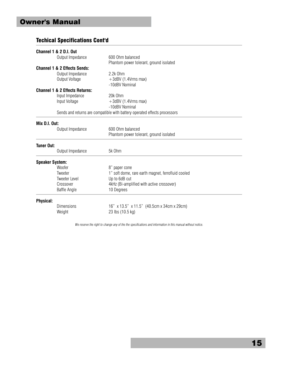 Owner's manual, Techical specifications cont'd | Fishman Loudbox 100 User Manual | Page 15 / 16