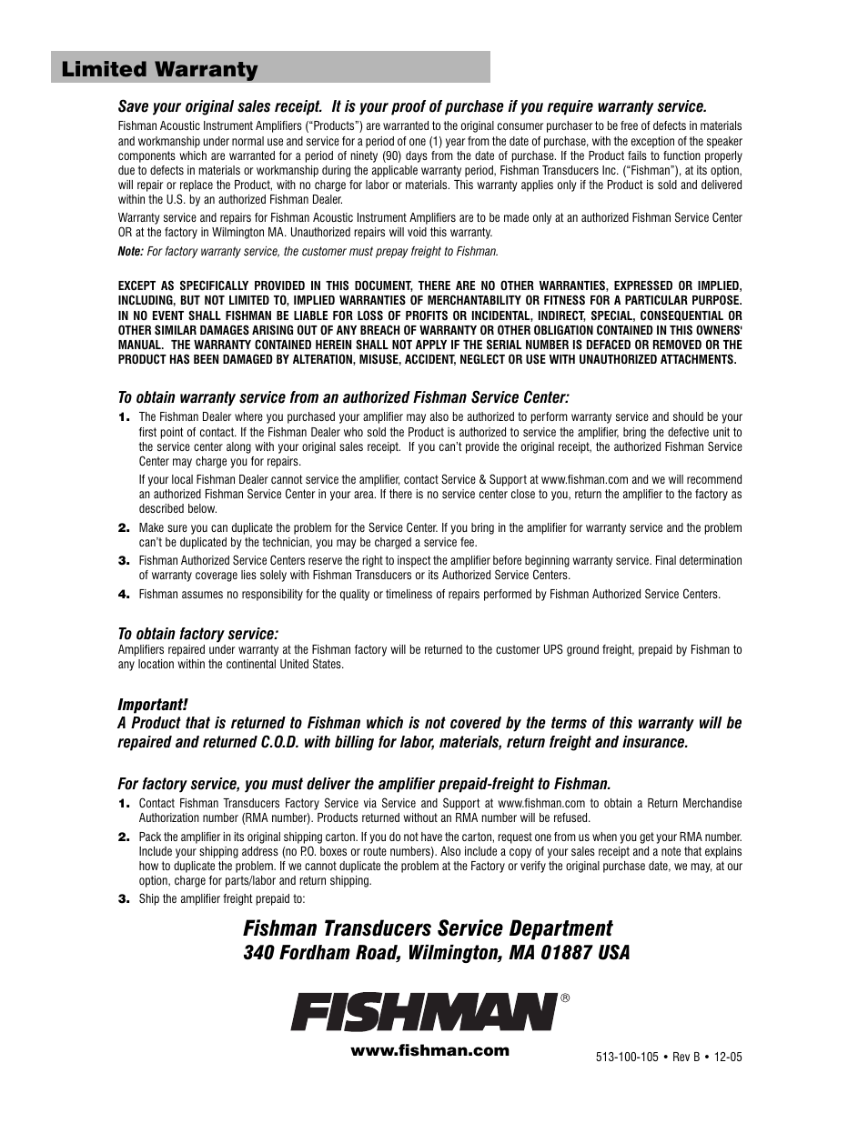 Fishman transducers service department, Limited warranty | Fishman Loudbox 100 User Manual | Page 16 / 16