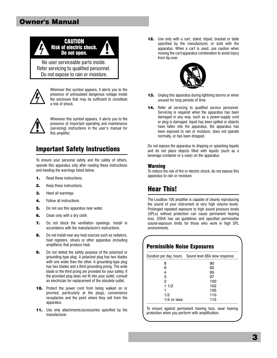 Important safety instructions, Hear this, Owner's manual | Permissible noise exposures, Caution | Fishman Loudbox 100 User Manual | Page 3 / 16