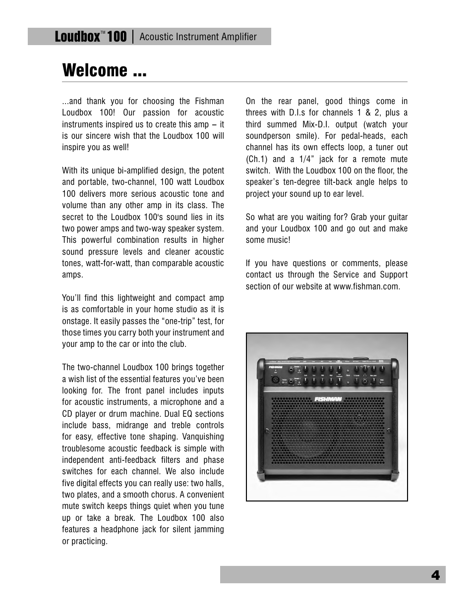 Welcome, Loudbox 100 | Fishman Loudbox 100 User Manual | Page 4 / 16
