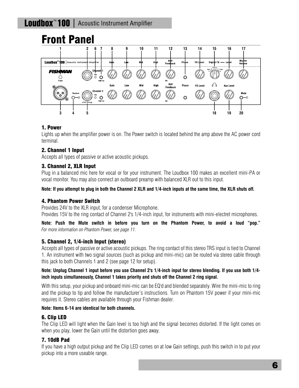 Front panel, Loudbox 100, Acoustic instrument ampliﬁer | Fishman Loudbox 100 User Manual | Page 6 / 16