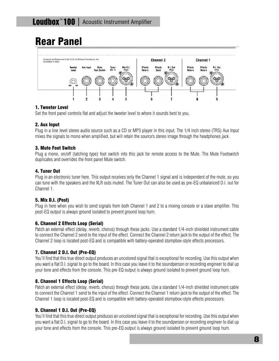 Rear panel, Loudbox 100 | Fishman Loudbox 100 User Manual | Page 8 / 16