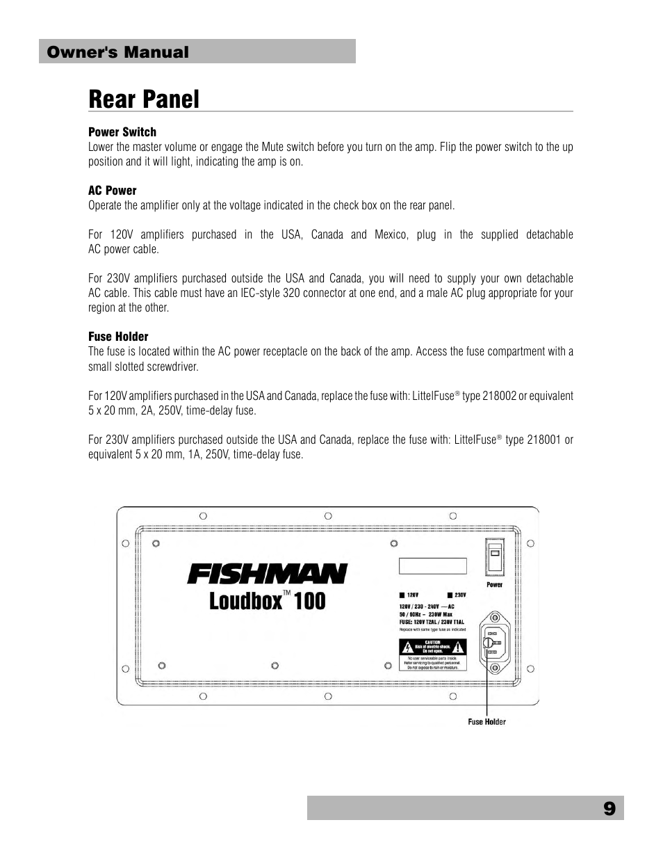 Rear panel, Owner's manual | Fishman Loudbox 100 User Manual | Page 9 / 16