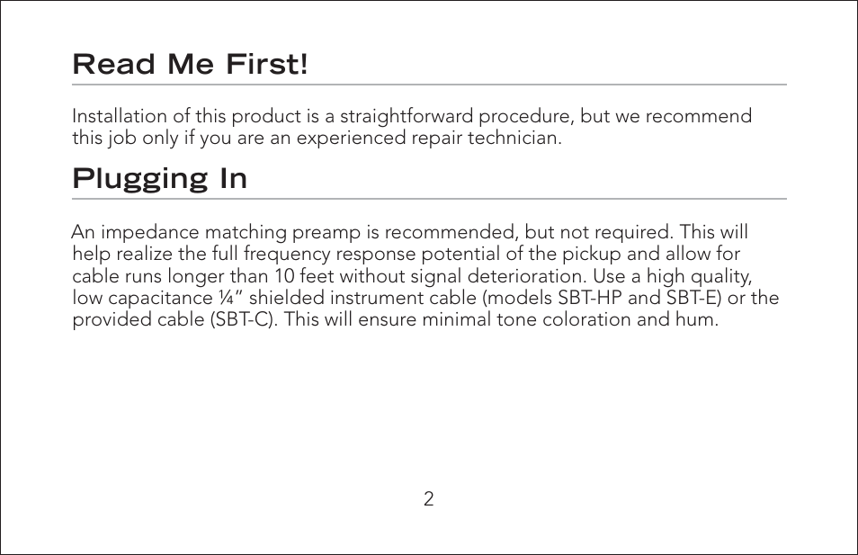 Read me first, Plugging in | Fishman SBT-C User Manual | Page 2 / 12