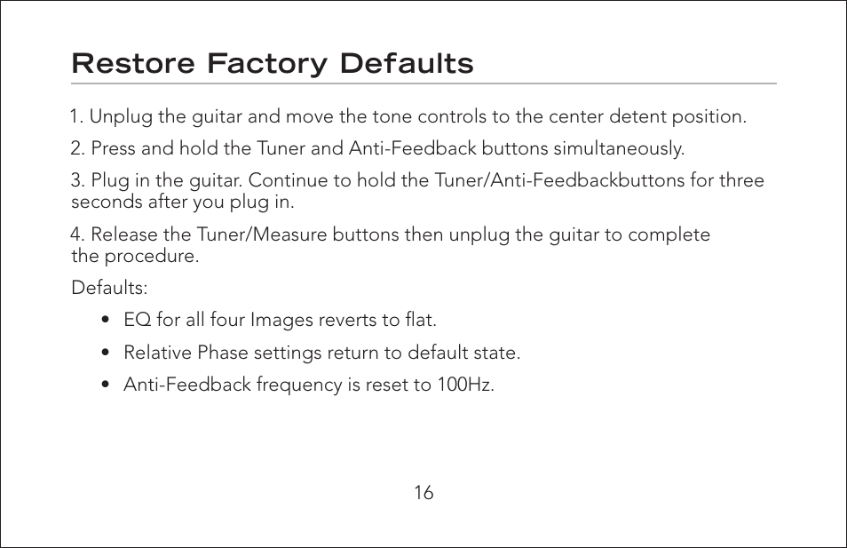 Restore factory defaults | Fishman Aura Pro User Manual | Page 16 / 18