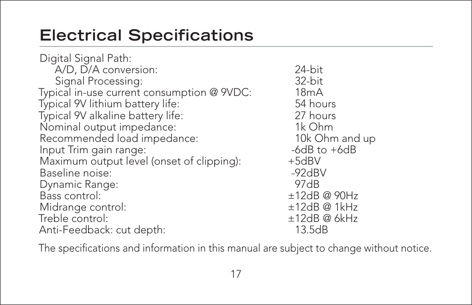 Electrical specifi cations | Fishman Aura Pro User Manual | Page 17 / 18