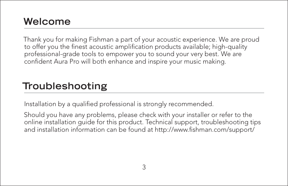 Welcome, Troubleshooting | Fishman Aura Pro User Manual | Page 3 / 18
