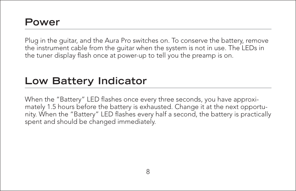 Power, Low battery indicator | Fishman Aura Pro User Manual | Page 8 / 18