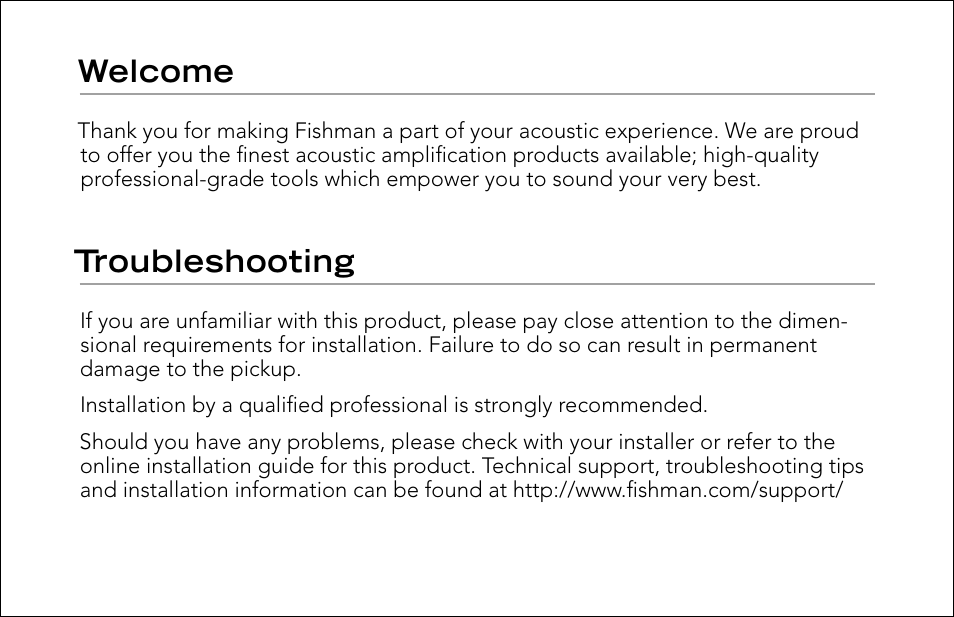 Welcome, Troubleshooting | Fishman Archtop Guitar Pickup User Manual | Page 2 / 4