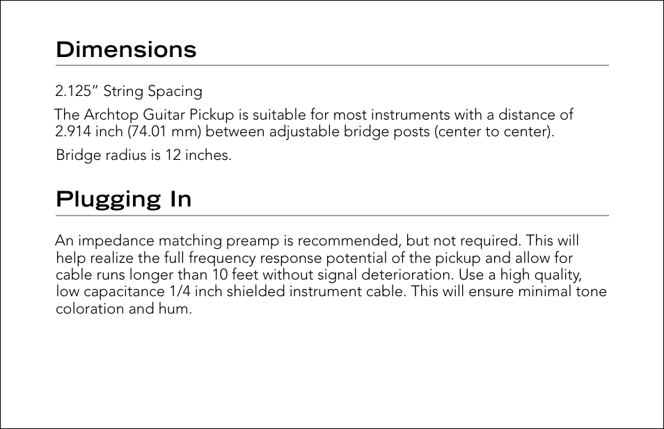 Dimensions, Plugging in | Fishman Archtop Guitar Pickup User Manual | Page 3 / 4