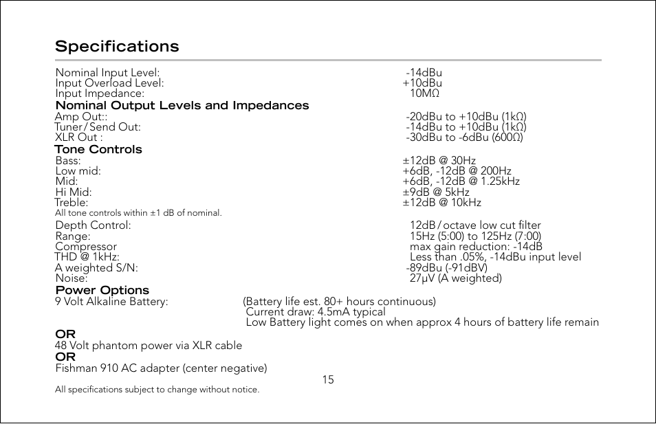 Specifications | Fishman Pro-Eq User Manual | Page 15 / 16