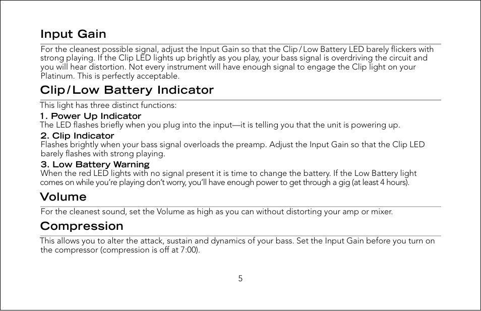 Input gain, Clip / low battery indicator, Volume | Compression | Fishman Pro-Eq User Manual | Page 5 / 16
